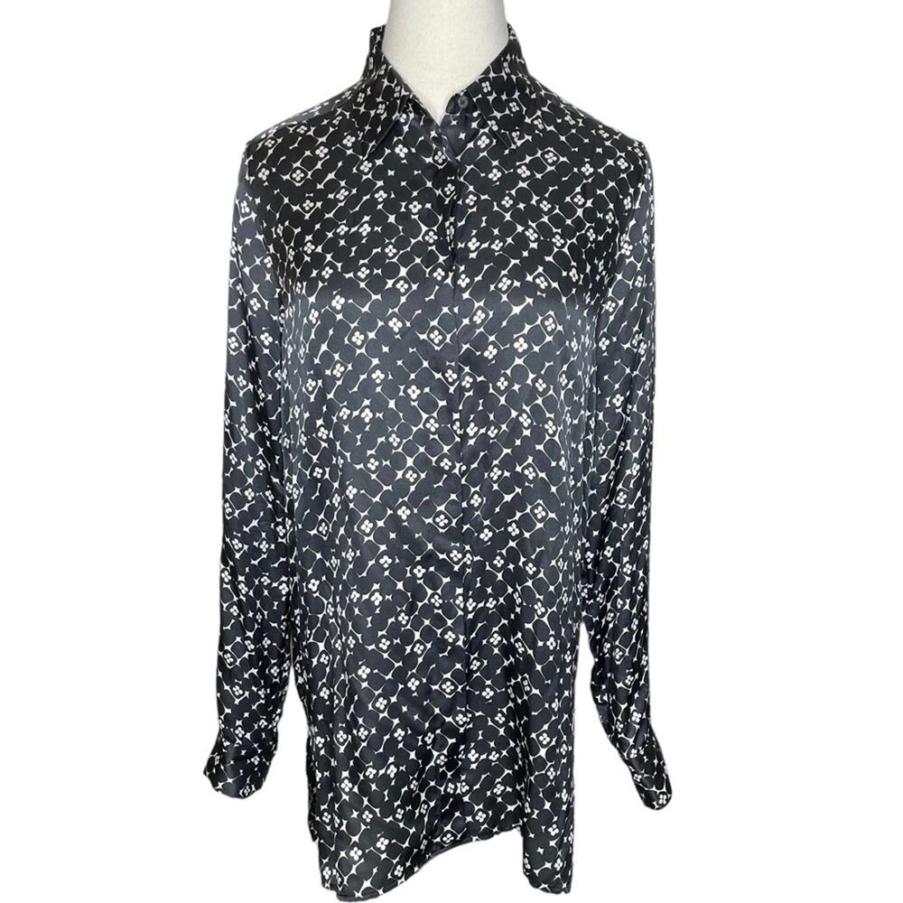 0039 Italy size XS Silk Button Front Tunic/Blouse Black and White Graphic Print